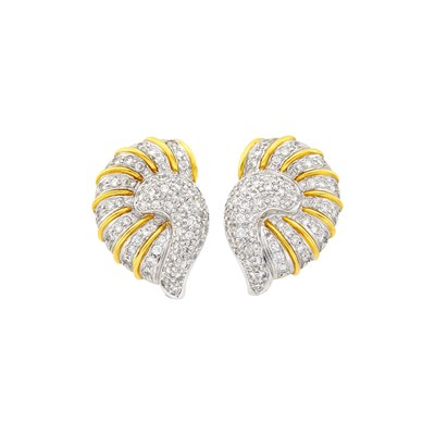 Lot 124 - Pair of Gold, Platinum and Diamond Shell Earclips