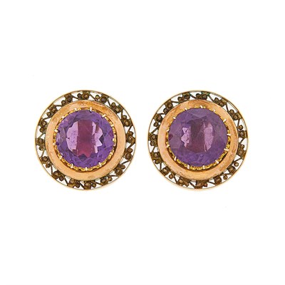 Lot 1186 - Pair of Two-Color Gold and Amethyst Earclips