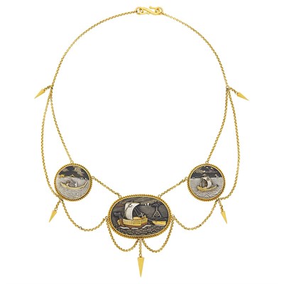 Lot 53 - Antique Gold and Shakudo Swag Necklace