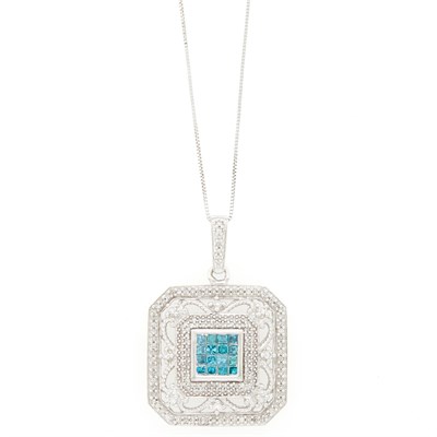 Lot 1152 - White Gold, Invisibly-Set Treated Blue Diamond and Diamond Pendant with Chain Necklace