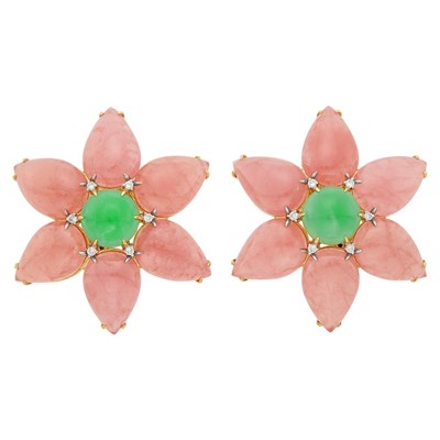 Lot 70 - Pair of Gold, Green Chrysoprase, Rhodochrosite and Diamond Flower Earclips