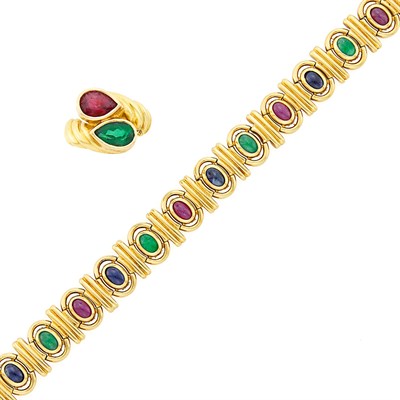 Lot 1111 - Gold, Cabochon Sapphire, Emerald and Ruby Bracelet and Pink and Green Tourmaline Ring