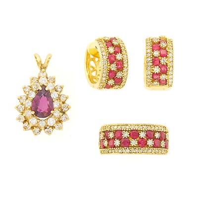 Lot 1262 - Pair of Gold, Ruby and Diamond Huggie Earrings and Ring and Garnet and Diamond Pendant