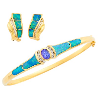Lot 1084 - Gold, Black Opal, Tanzanite and Diamond Bangle Bracelet and Pair of Earrings