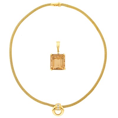 Lot 1256 - Gold Necklace, Smoky Quartz Pendant and Diamond Enhancer