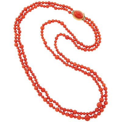 Lot 1204 - Long Double Strand Coral Bead Necklace with Gold and Coral Clasp