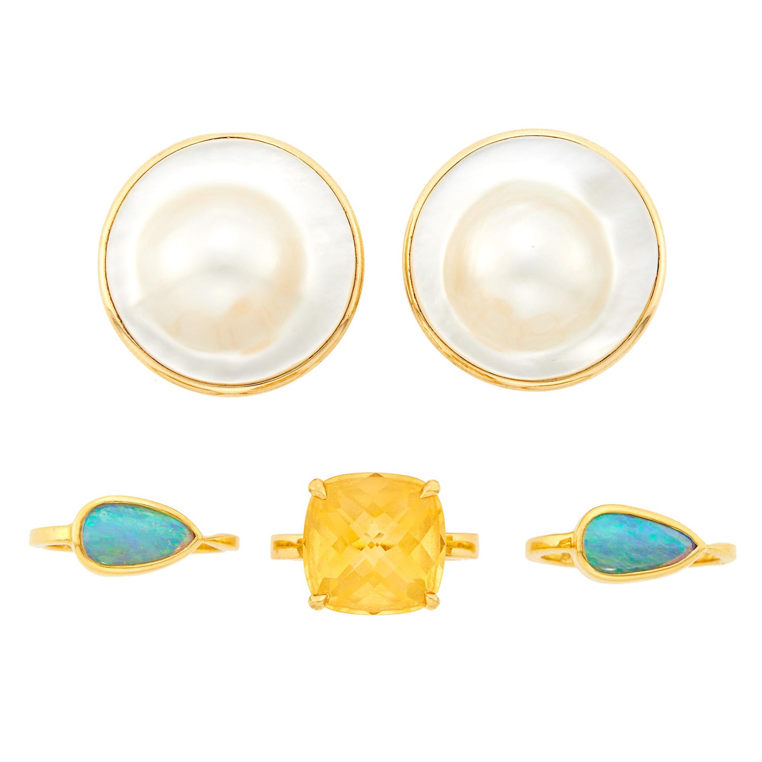 Lot 1079 - Pair of Gold and Opal Rings, Tiffany & Co. Gold and Citrine Ring and Pair of Gold and Mabé Pearl Earclips