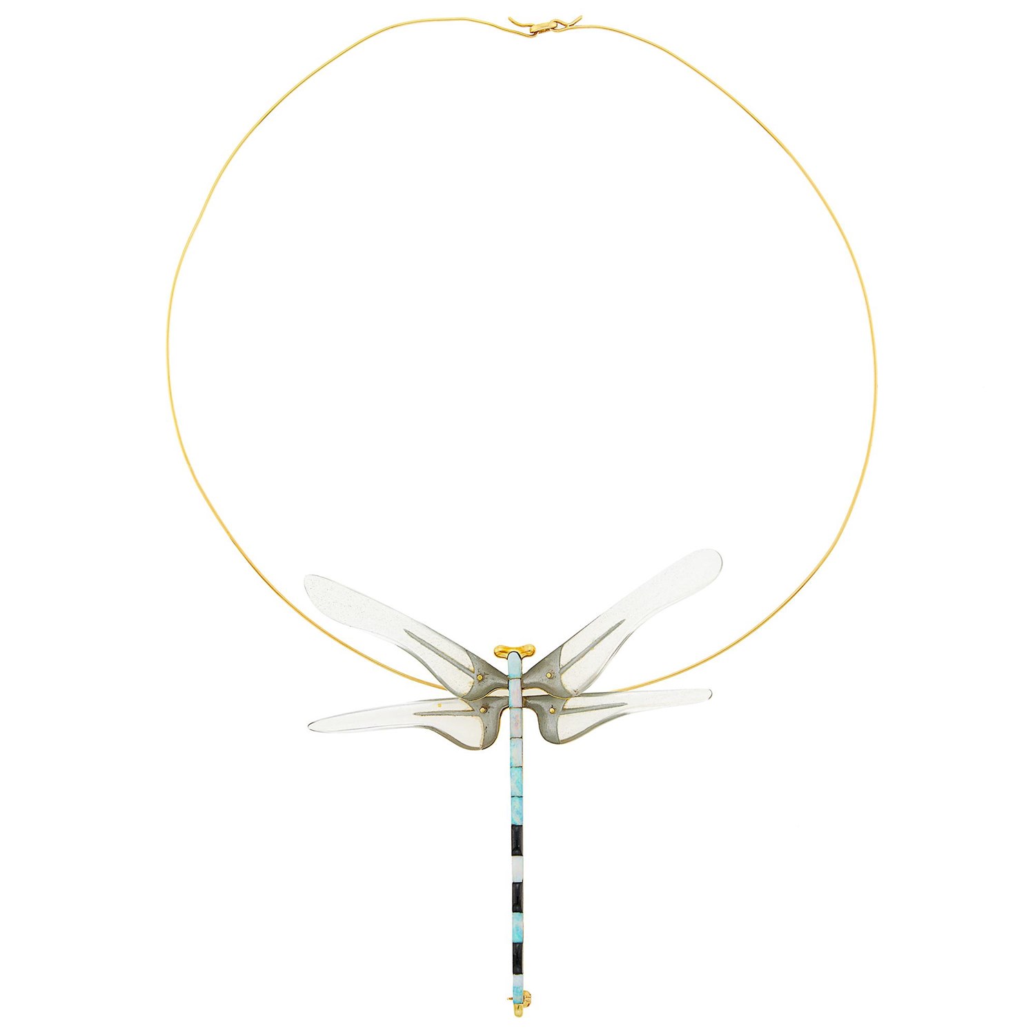 Lot 1086 - Gold, White Opal, Black Onyx and Glass Dragonfly Brooch-Pendant with Torque Wire Necklace