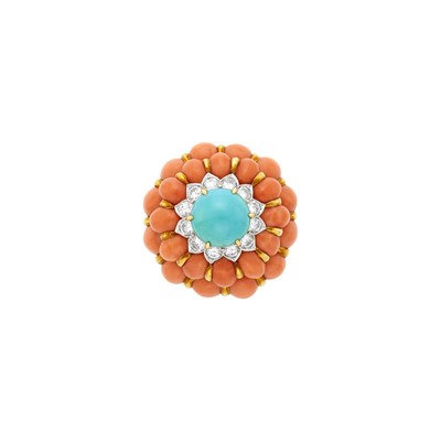 Lot 113 - Gold, Coral, Turquoise and Diamond Dome Ring