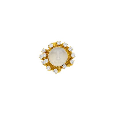 Lot 73 - Peter Lindeman Nugget Gold, Carved Moonstone and Diamond Ring