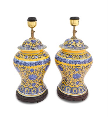Lot 253 - Pair of Chinese Style Blue and Yellow...