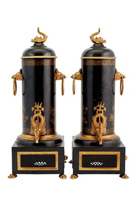 Lot 239 - Pair of Parcel-Gilt Black Tole Cylindrical...