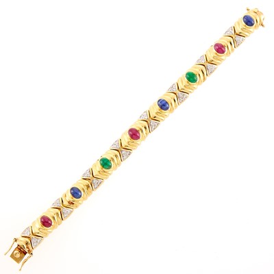 Lot 1026 - Two-Color Gold, Cabochon Colored Stone and Diamond Bracelet