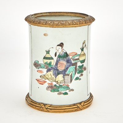 Lot 172 - A Chinese Gilt-Metal Mounted Famille Verte Porcelain Brush Pot