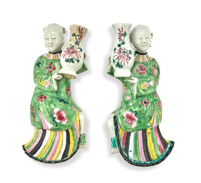 Lot 178 - A Pair of Chinese Porcelain Figural Wall Vases