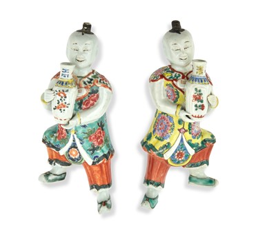 Lot 177 - A Pair Chinese Enameled Porcelain Figural Wall Vases