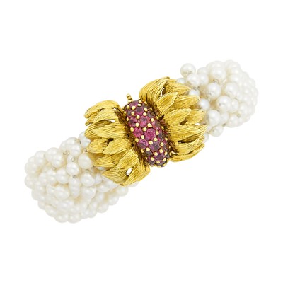 Lot 48 - Eleven Strand Cultured Pearl Torsade Bracelet with Gold and Ruby Clasp
