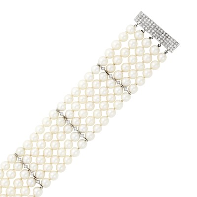 Lot 71 - Five Strand Cultured Pearl, White Gold and Diamond Bracelet