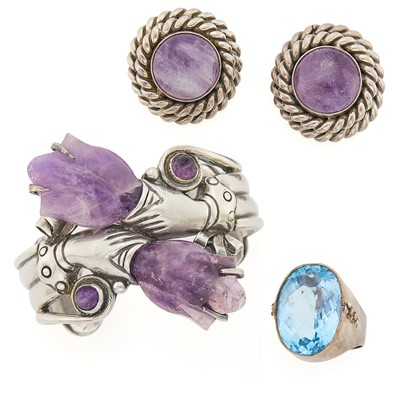 Lot 1197 - Spratling Silver and Carved Amethyst Cuff Bangle Bracelet and Group of Jewelry