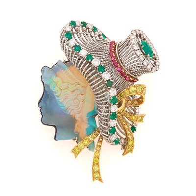 Lot 1093 - Platinum, Gold, Carved Opal, Emerald, Ruby, Colored Diamond and Diamond Brooch