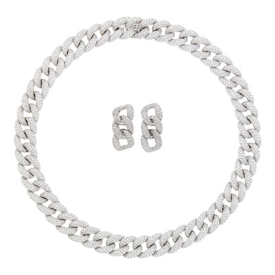 Lot 79 - White Gold and Diamond Curb Link Necklace and Pair of Earclips