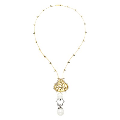 Lot 1114 - Two-Color Gold, Diamond, Cabochon Emerald and South Sea Cultured Pearl Pendant-Necklace