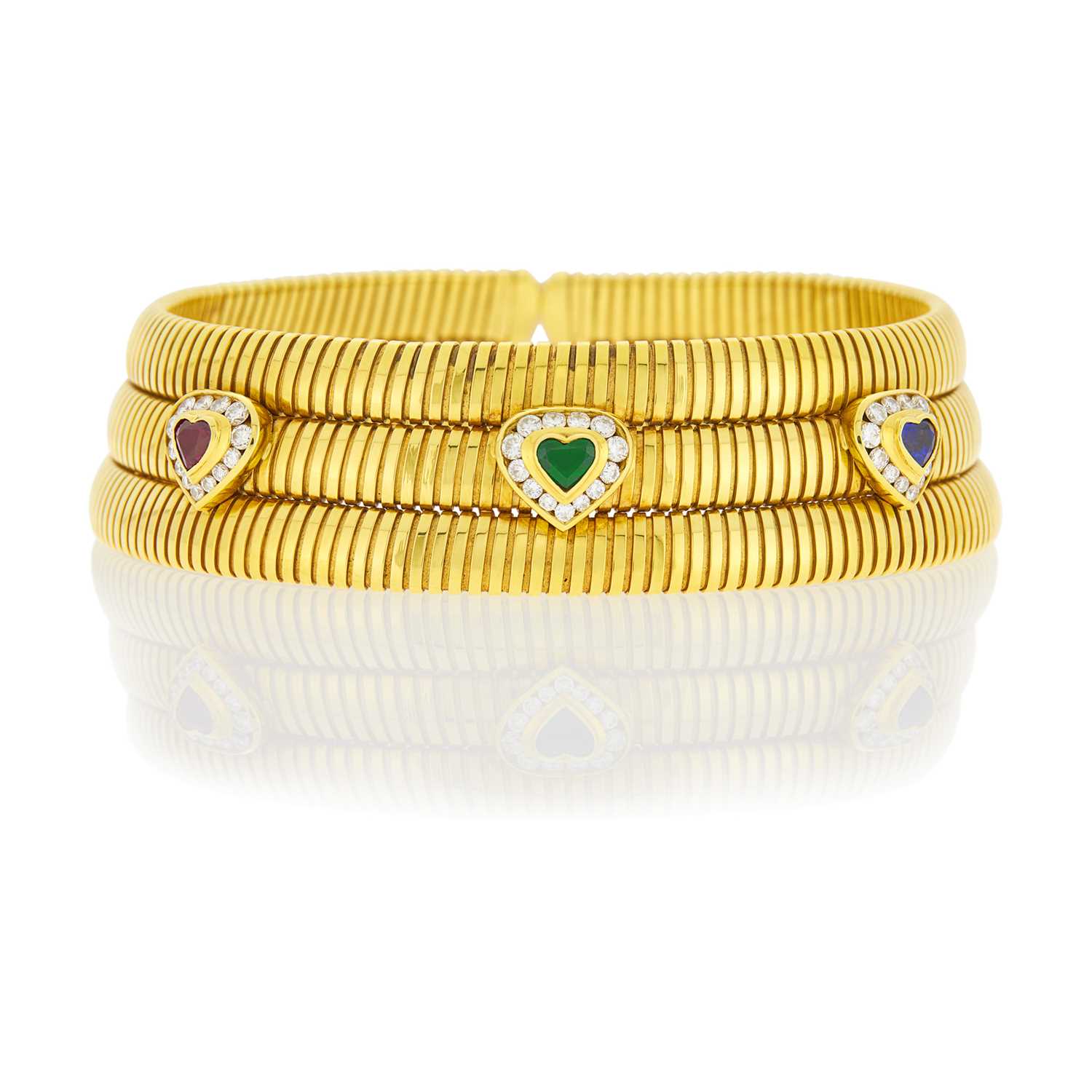 Lot 43 - Wide Three Row Gold, Colored Stone and Diamond Snake Link Choker Necklace