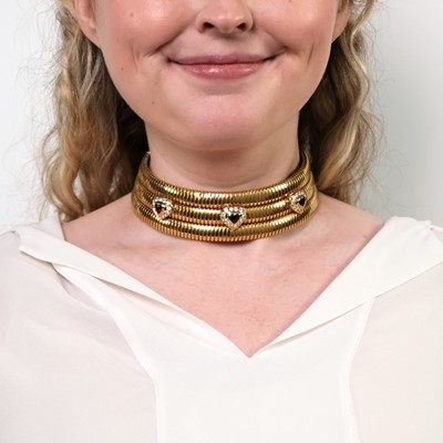 Lot 43 - Wide Three Row Gold, Colored Stone and Diamond Snake Link Choker Necklace