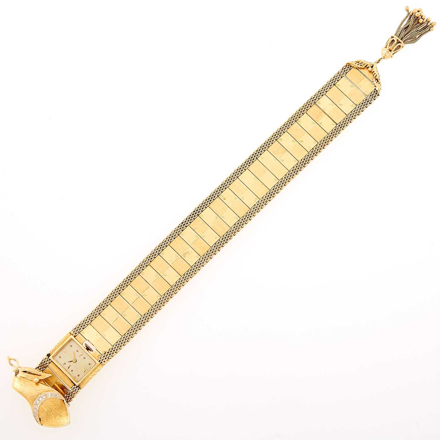 Lot 1086 - Gold and Diamond Tassle Slide Bracelet-Watch