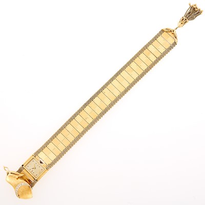 Lot 1086 - Gold and Diamond Tassle Slide Bracelet-Watch