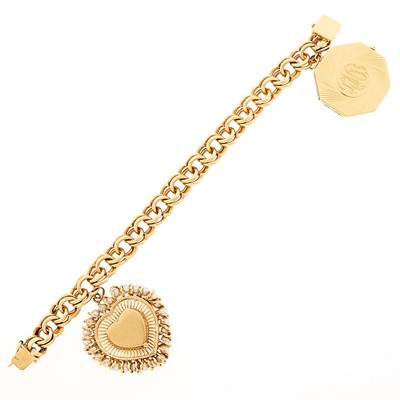 Lot 1087 - Gold and Cultured Pearl Charm Bracelet