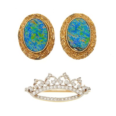 Lot 1174 - Black Starr & Frost Platinum, Gold and Diamond Crown Pin and Pair of Gold and Black Opal Doublet Earclips