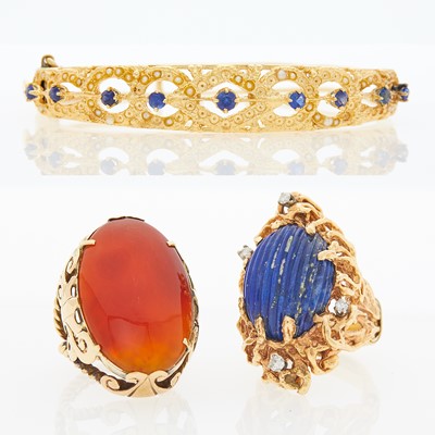 Lot 1207 - Gold, Sapphire and Split Pearl Bangle Bracelet and Two Gold, Lapis, Carnelian and Diamond Rings