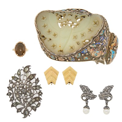 Lot 1234 - Group of Silver, Gold, Carved Jade, Enamel, Gem-Set and Diamond Jewelry