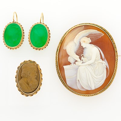 Lot 1231 - Gold and Lava Cameo Ring, Shell Cameo Brooch and Pair of Green Onyx Intaglio Earrings