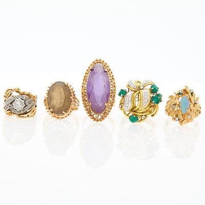 Lot 1209 - Five Gold, Gem-Set and Diamond Rings