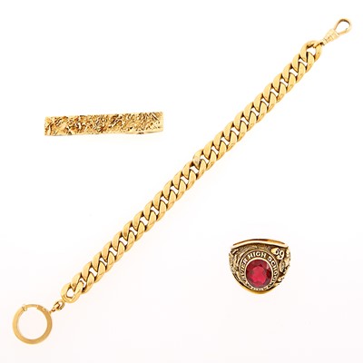 Lot 1089 - Gold Curb Link Bracelet, Money Clip and Low Karat Gold-Filled and Synthetic Ruby School Ring