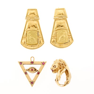 Lot 1106 - Pair of Gold Pendant-Earrings and Gold, Ruby and Sapphire Ring and Pendant