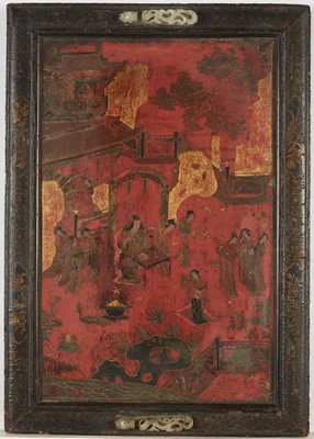 Lot 85 - Two Chinese Lacquered Panels with Jade Belt Hooks