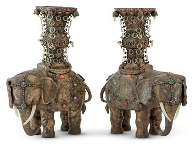 Lot 493 - A Pair of Chinese White Metal and Jade Elephants