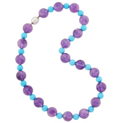 Lot 1089 - Turquoise and Amethyst Bead Necklace with White Gold Clasp