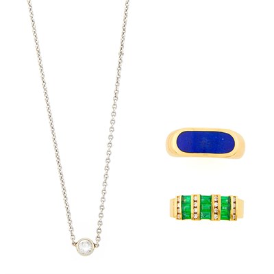 Lot 1117 - Two Gold, Lapis, Emerald and Diamond Rings and White Gold and Diamond Pendant-Necklace