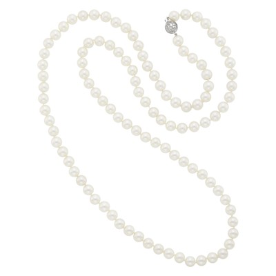 Lot 80 - Long Cultured Pearl Necklace with White Gold and Diamond Ball Clasp