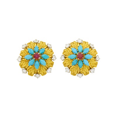 Lot 136 - Pair of Gold, Platinum, Ruby, Turquoise and Diamond Flower Earclips