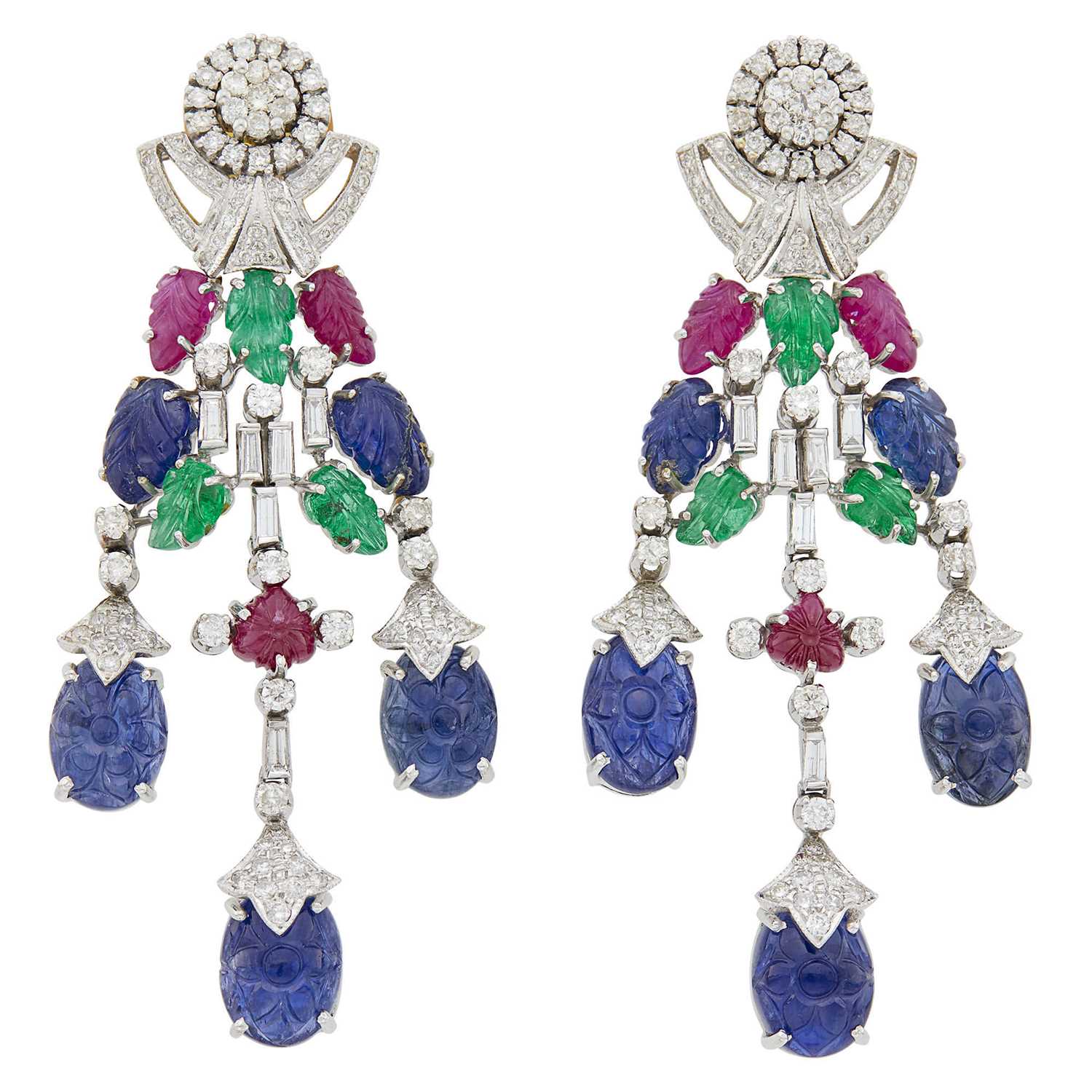 Lot 1128 - Pair of White Gold, Carved Colored Stone, and Diamond Pendant-Earrings