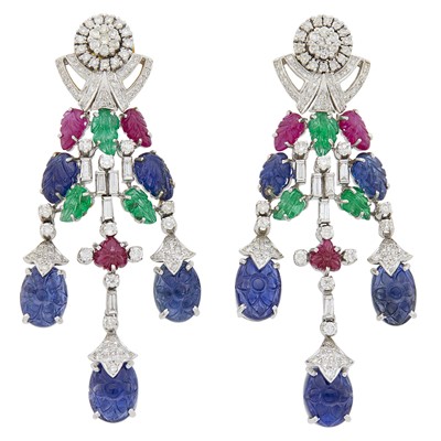 Lot 1128 - Pair of White Gold, Carved Colored Stone, and Diamond Pendant-Earrings