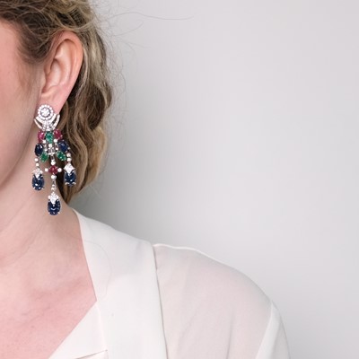 Lot 1128 - Pair of White Gold, Carved Colored Stone, and Diamond Pendant-Earrings