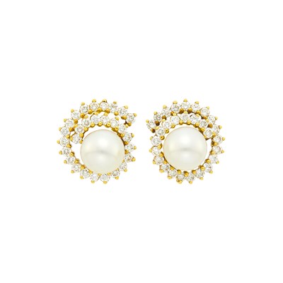 Lot 115 - Pair of Gold, Cultured Pearl and Diamond Spiral Earclips
