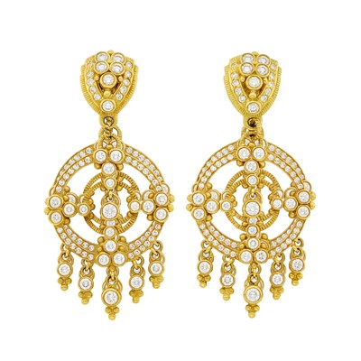 Lot 1147 - Pair of Gold and Diamond Fringe Pendant-Earrings