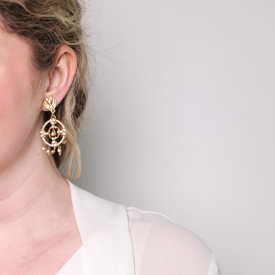 Lot 1147 - Pair of Gold and Diamond Fringe Pendant-Earrings